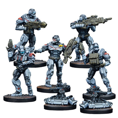 Five grey armored sci-fi soldier miniatures with guns and two robotic turrets on bases.