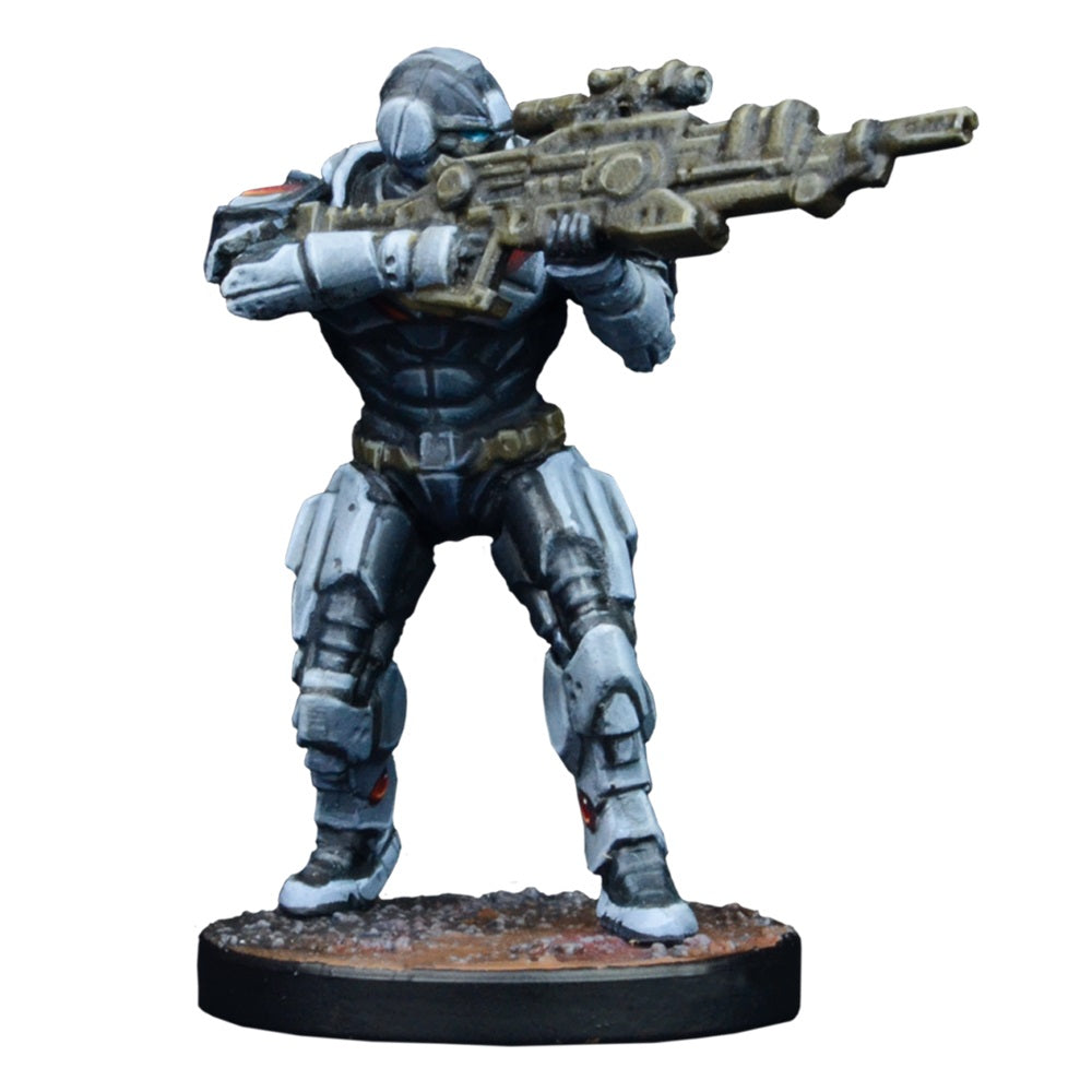 A miniature of a futuristic soldier in grey armor aiming a large rifle on a textured base.