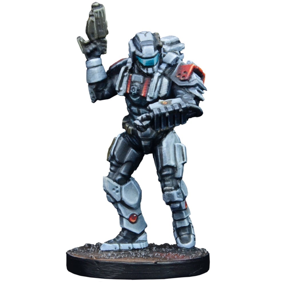 Grey armored sci-fi miniature with blue visor and red accents, holding a weapon aloft.