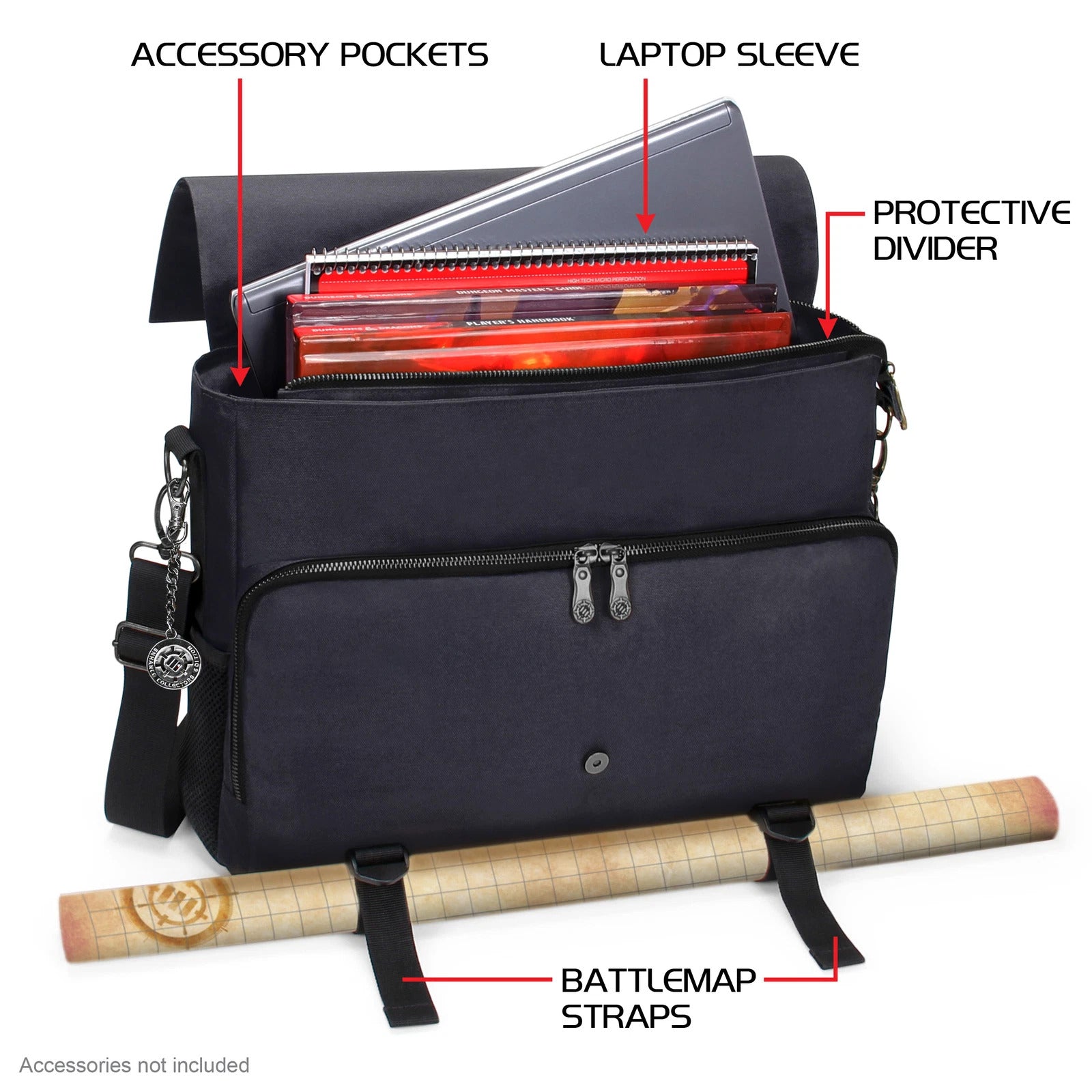 Black gaming messenger bag, open to show a laptop sleeve, game books, accessory pockets, and exterior battlemap straps.