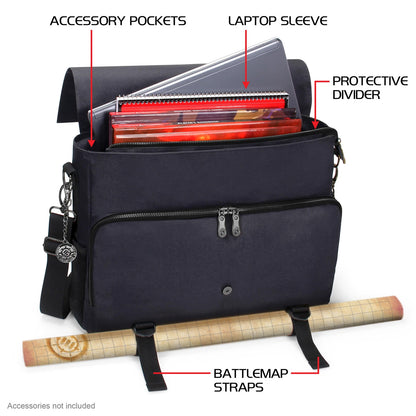 Black gaming messenger bag, open to show a laptop sleeve, game books, accessory pockets, and exterior battlemap straps.