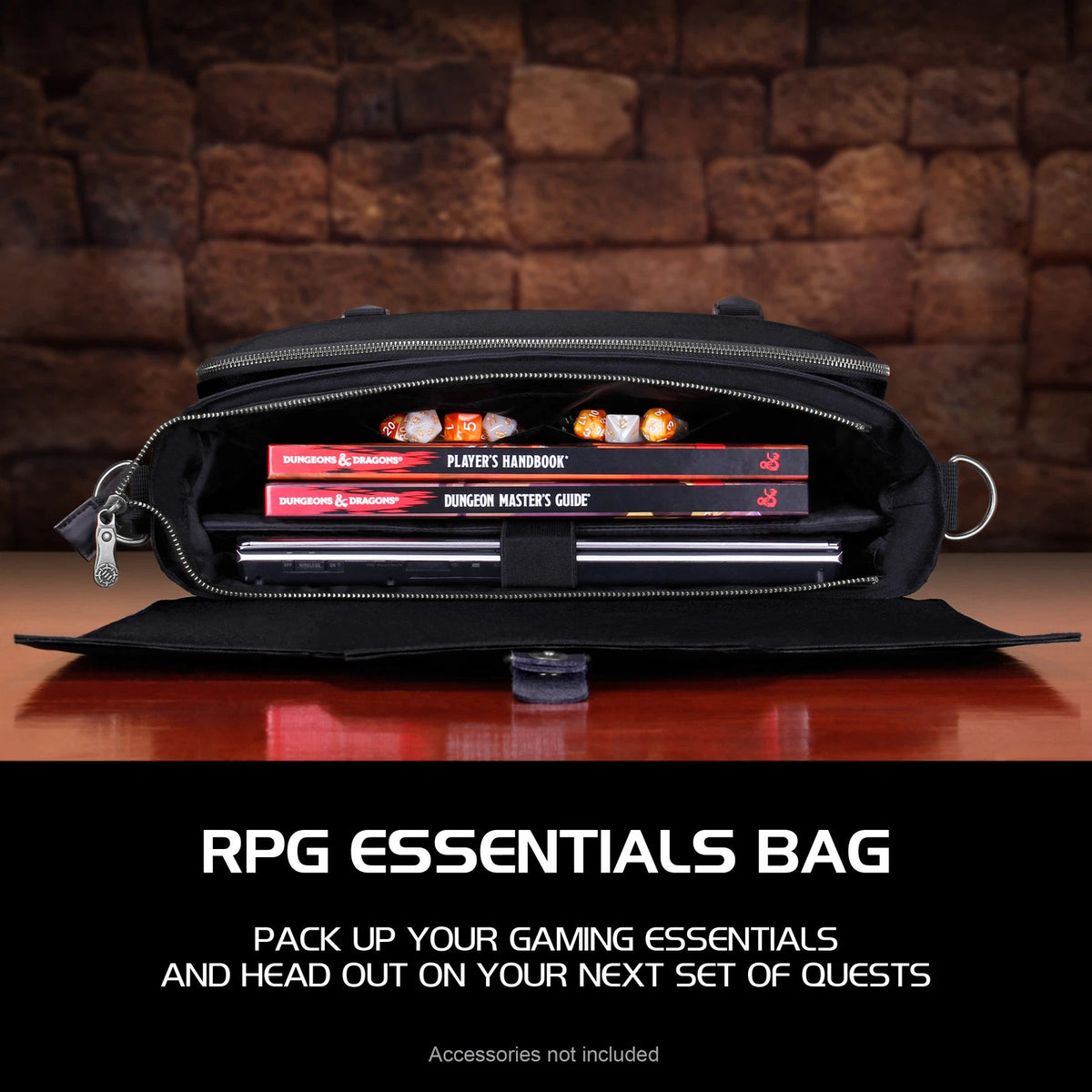 An open black bag packed with Dungeons &amp; Dragons books, polyhedral dice, and a handheld gaming device.
