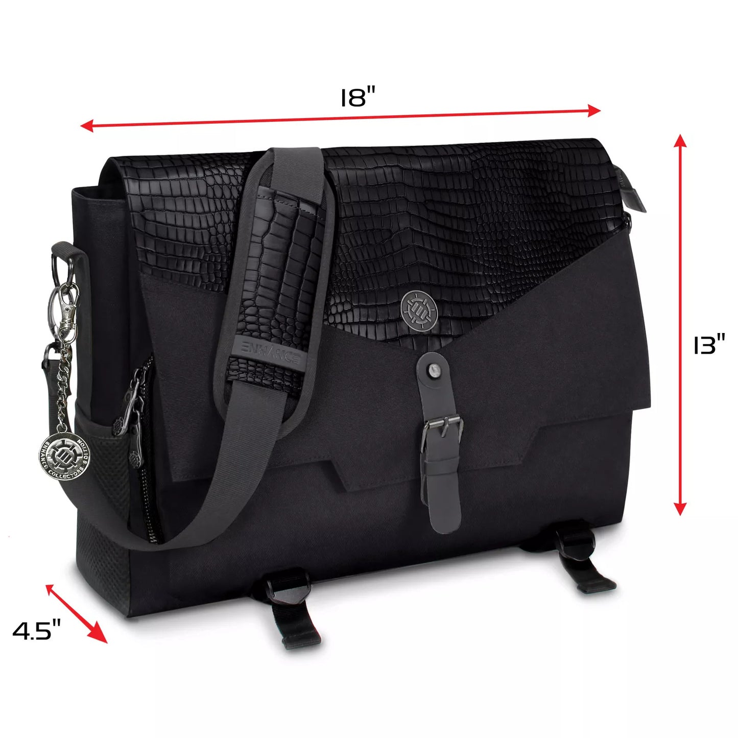 Black messenger bag with croc-embossed flap, strap pad, and silver buckle. Dimensions: 18x13x4.5 inches.