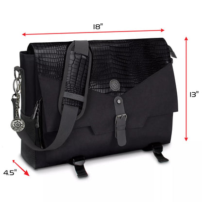 Black messenger bag with croc-embossed flap, strap pad, and silver buckle. Dimensions: 18x13x4.5 inches.