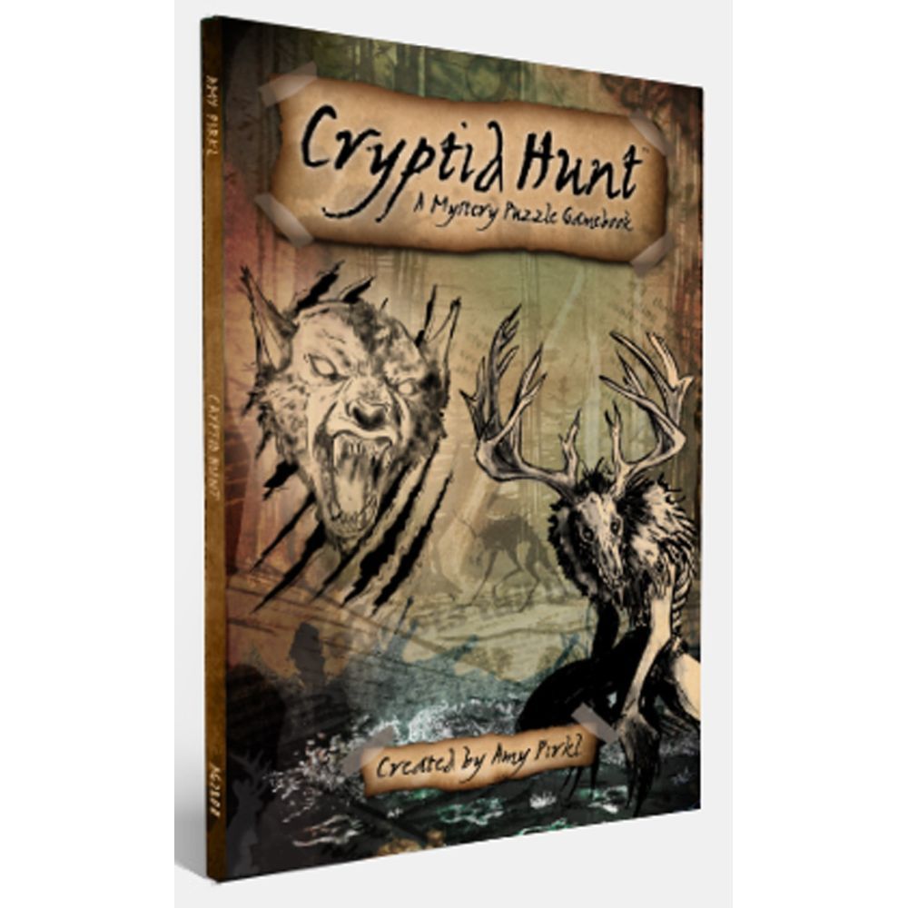 Cryptid Hunt gamebook cover: A ferocious wolf-like beast and a haunting deer-headed creature against a dark backdrop