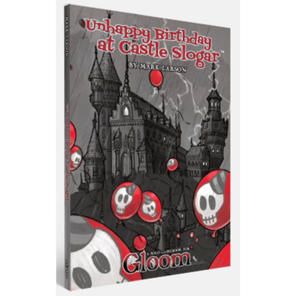 Cover art for "Unhappy Birthday at Castle Slogar" shows a dark castle under lightning, surrounded by red skull-face balloons