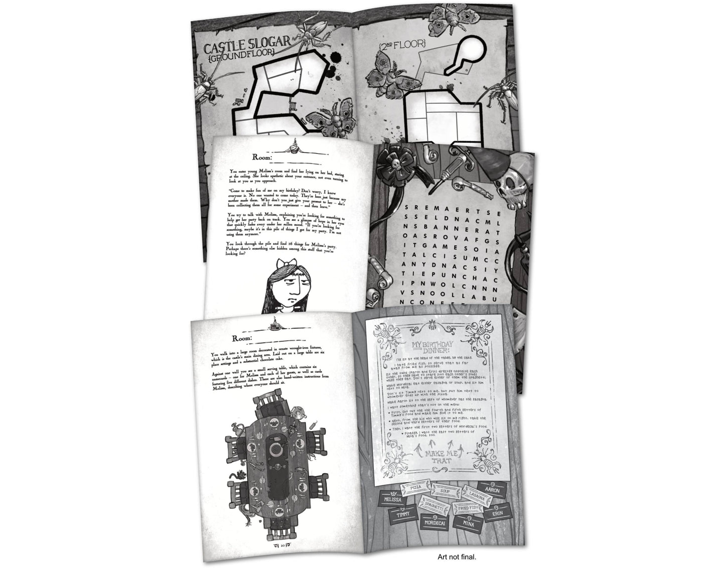 Multiple gamebook pages display castle maps, a word search puzzle, and a detailed birthday dinner seating chart