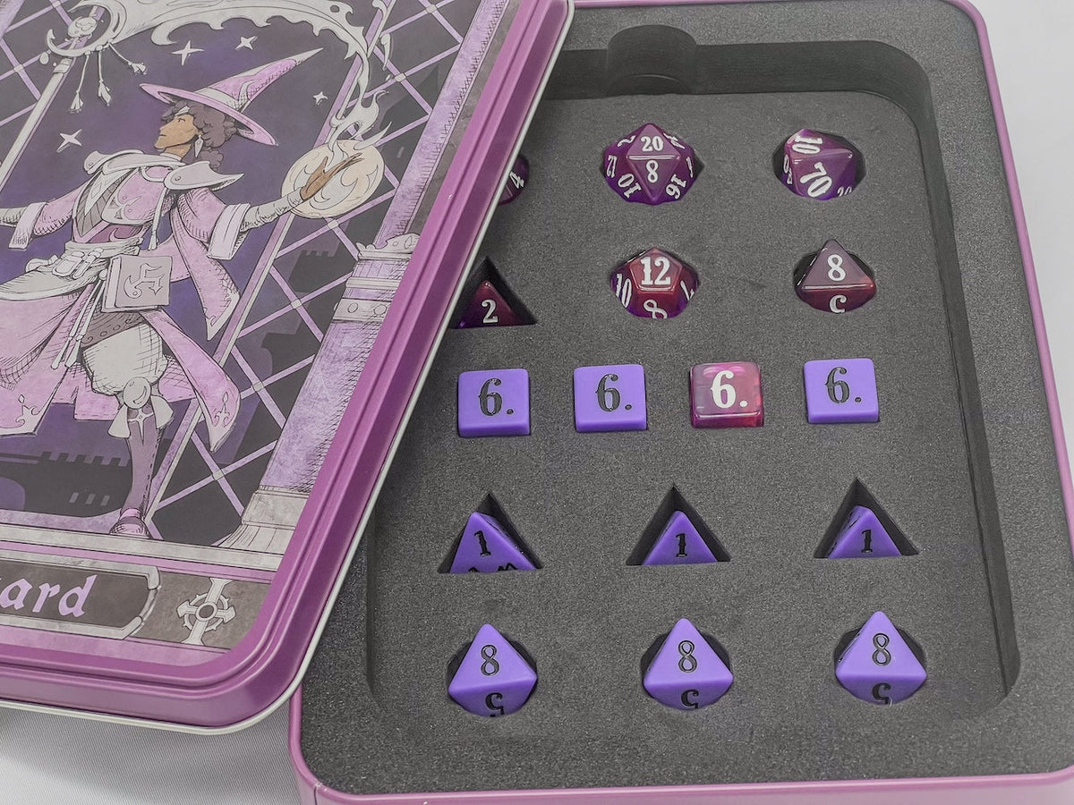 Open purple tin with a wizard illustration on its lid, containing a set of purple polyhedral dice