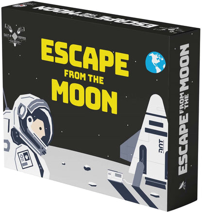 Cover of "Escape From The Moon" board game: an astronaut and rocket on a gray moonscape, with Earth overhead