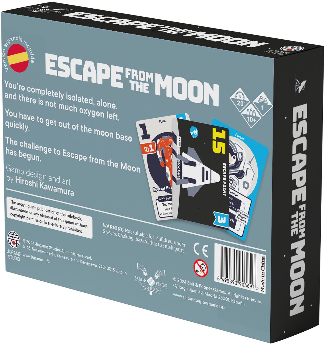 A dark "Escape From The Moon" board game box, showing cards with a rocket and an astronaut