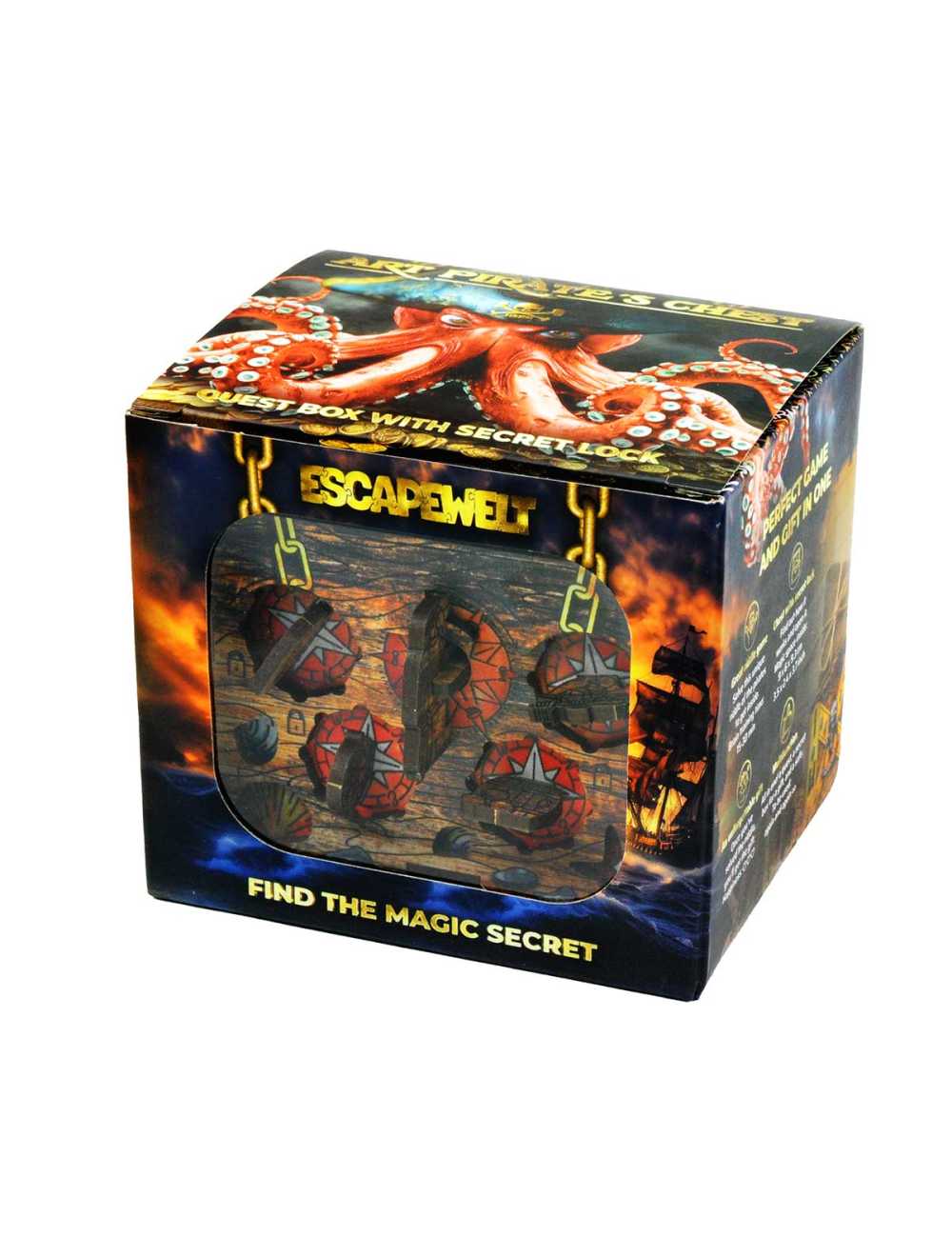 Escapewelt "Art Pirate's Chest" quest box with a secret lock, featuring an octopus and wooden puzzle pieces.
