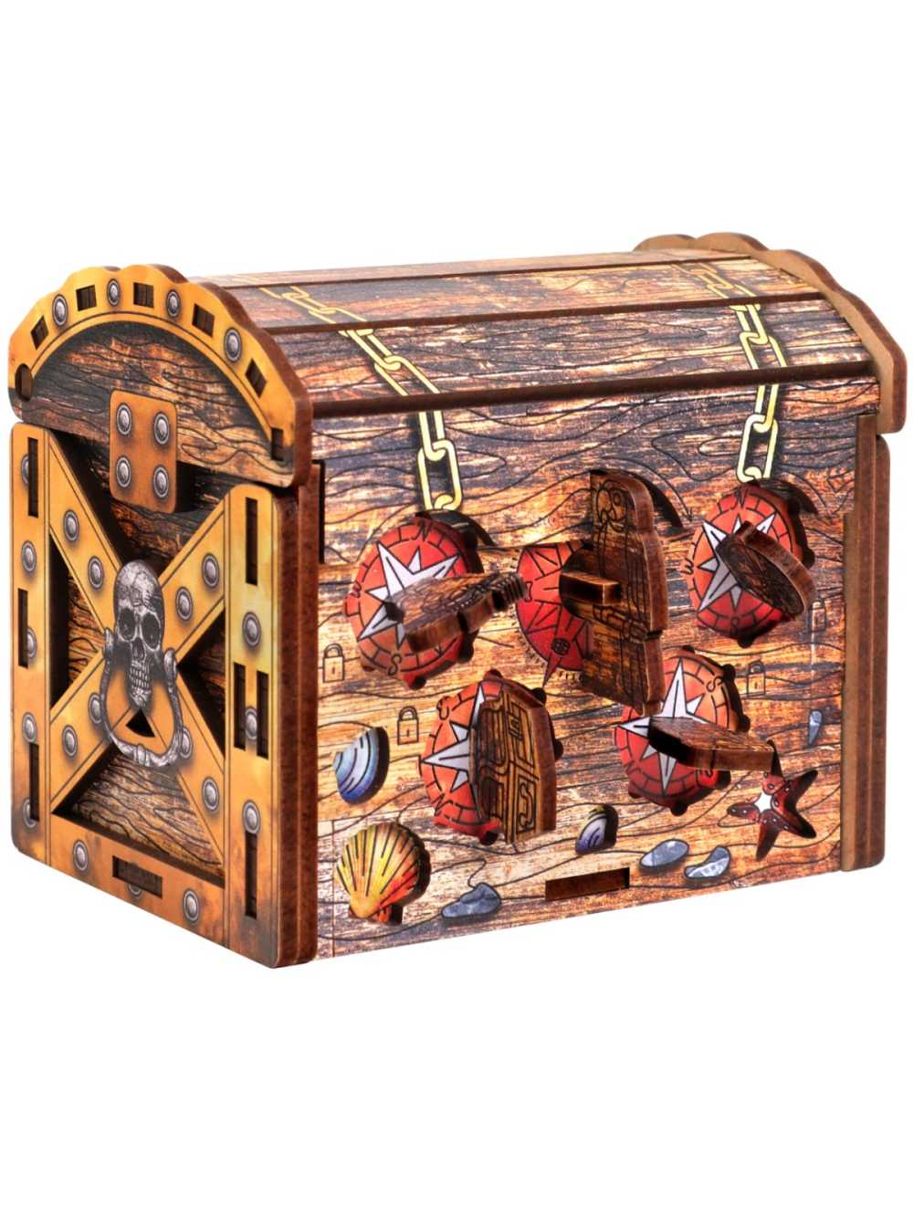 Wooden treasure chest puzzle box with a skull design, chain links, and nautical-themed rotating disc puzzles.