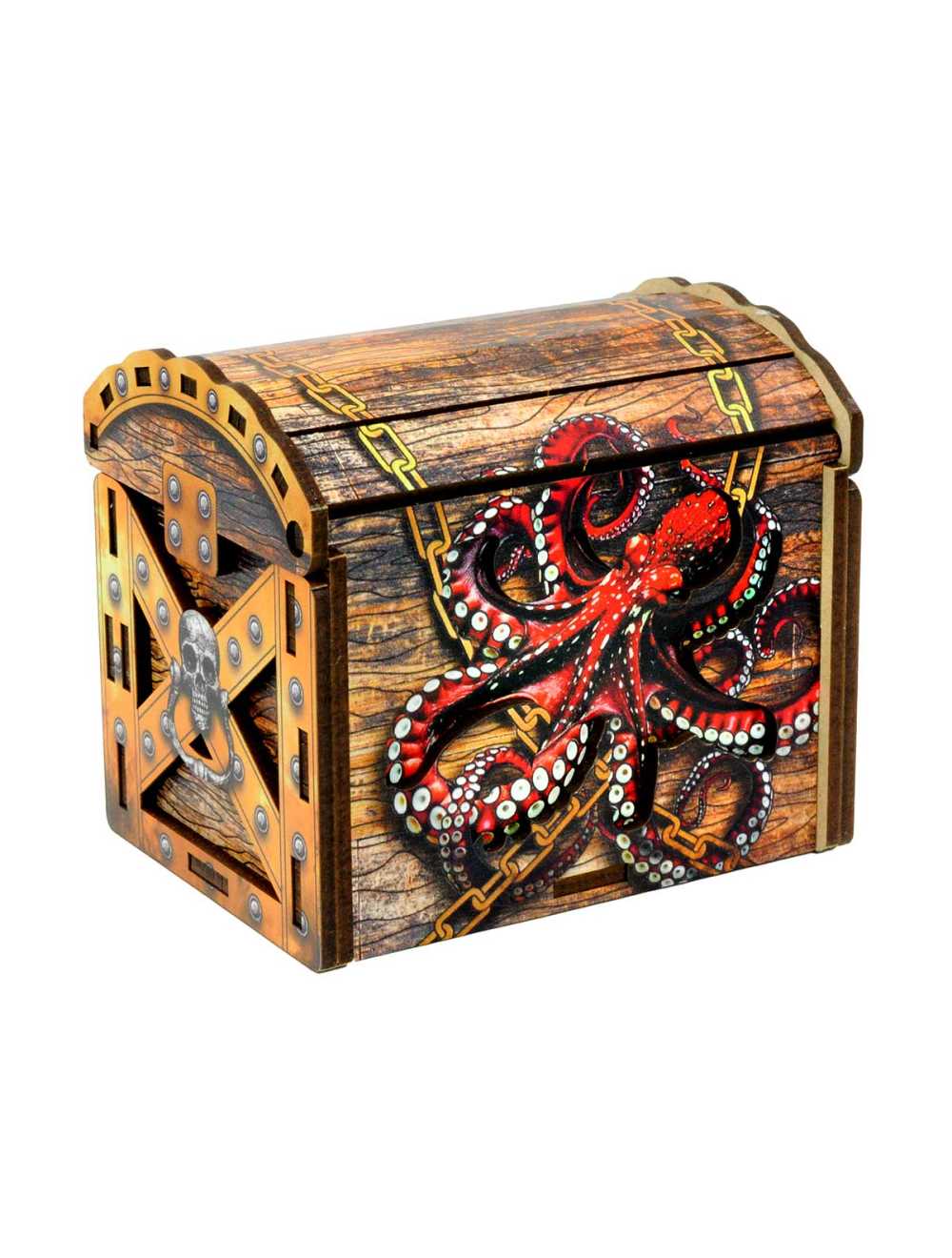 Wooden chest with a red octopus entangled in chains on the front and a skull on the side.
