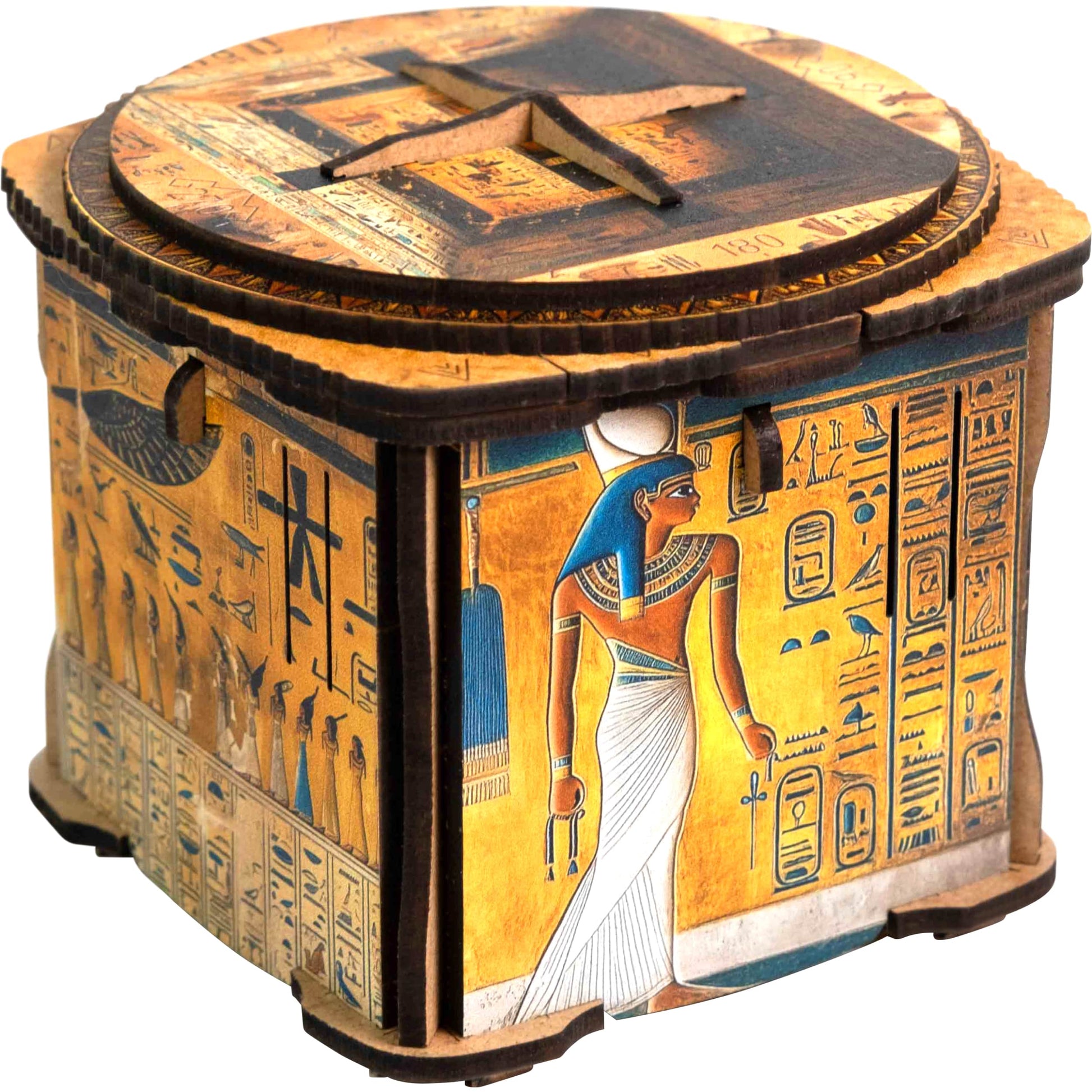 Wooden Ancient Egyptian puzzle box with a rotating circular top and cross-shaped handle. Sides feature hieroglyphs and colorful goddess figures.