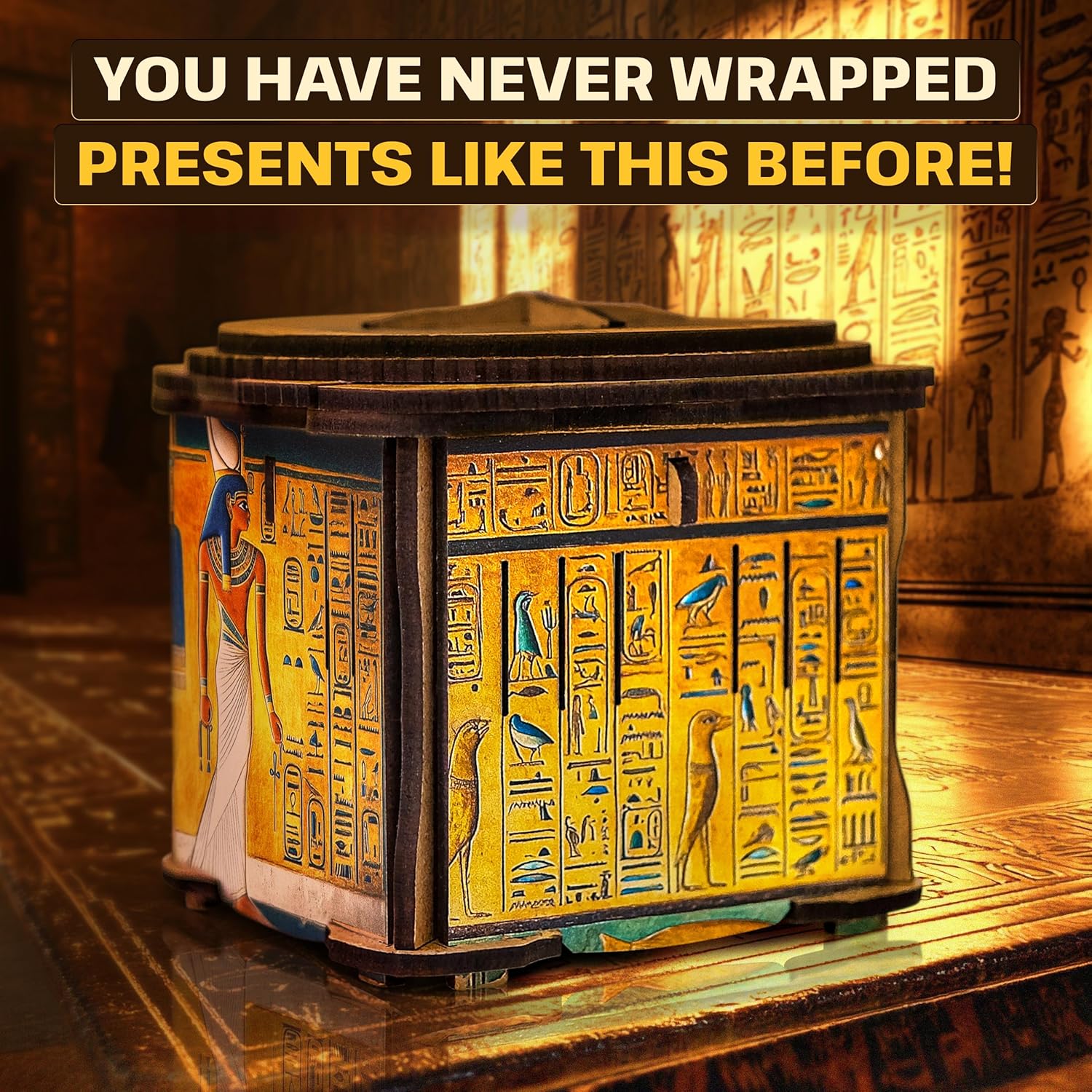 An ornate Egyptian sarcophagus-style gift box covered in hieroglyphs. Text about wrapping presents.