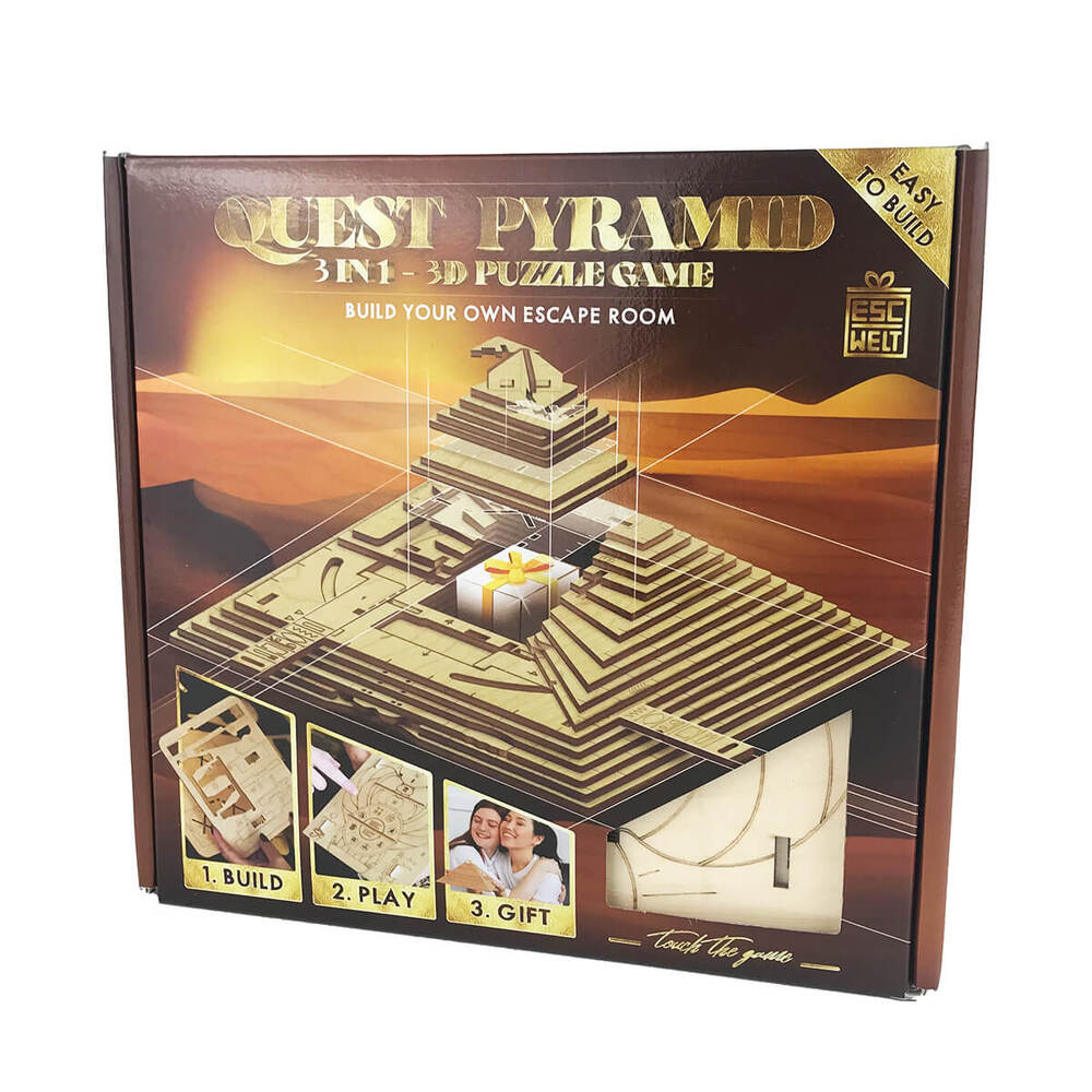 Escapewelt Quest Pyramid 3D puzzle game box, featuring a golden pyramid maze model and "Build Your Own Escape Room" text