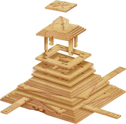 Exploded view of a wooden 3D puzzle kit, showing flat pieces stacking to form a miniature building