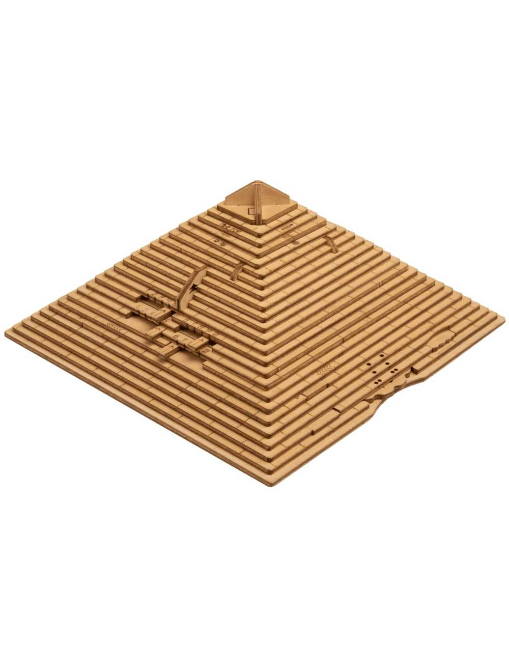 Layered wooden model of a stepped pyramid with carved pathways and subtle surface details