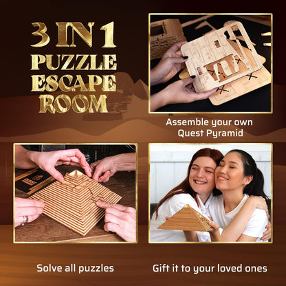 A composite image promoting a 3-in-1 wooden pyramid escape room puzzle: shown being assembled, solved, and gifted