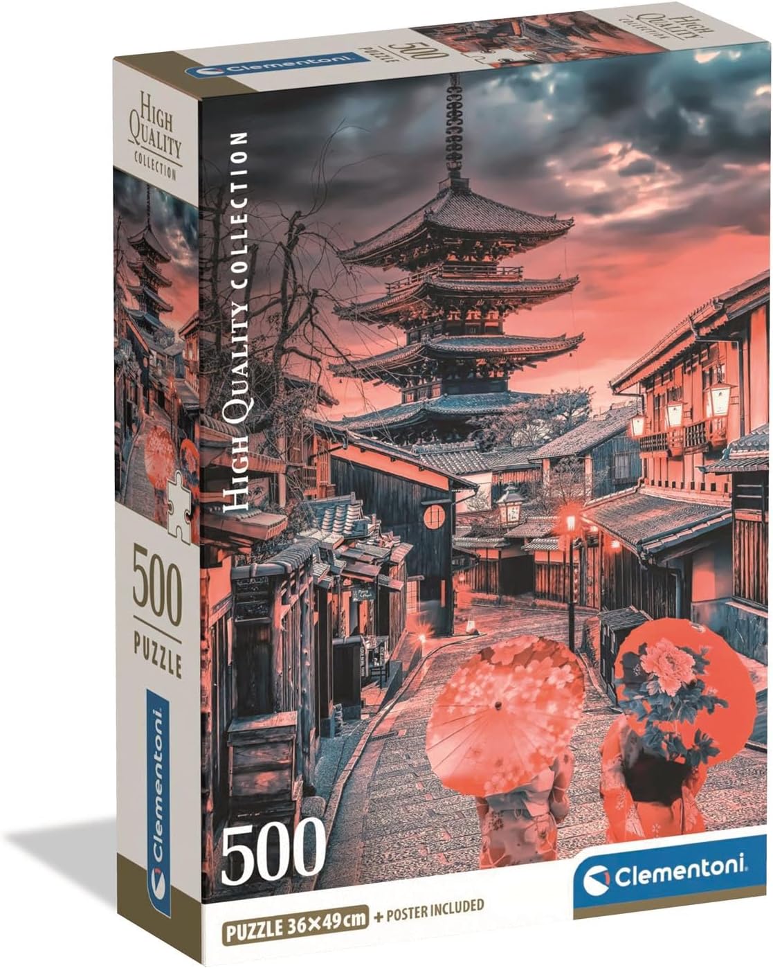 Clementoni 500-piece puzzle box: Japanese street with a pagoda at sunset, two people holding red parasols.