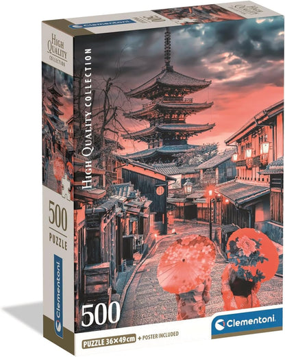 Clementoni 500-piece puzzle box: Japanese street with a pagoda at sunset, two people holding red parasols.