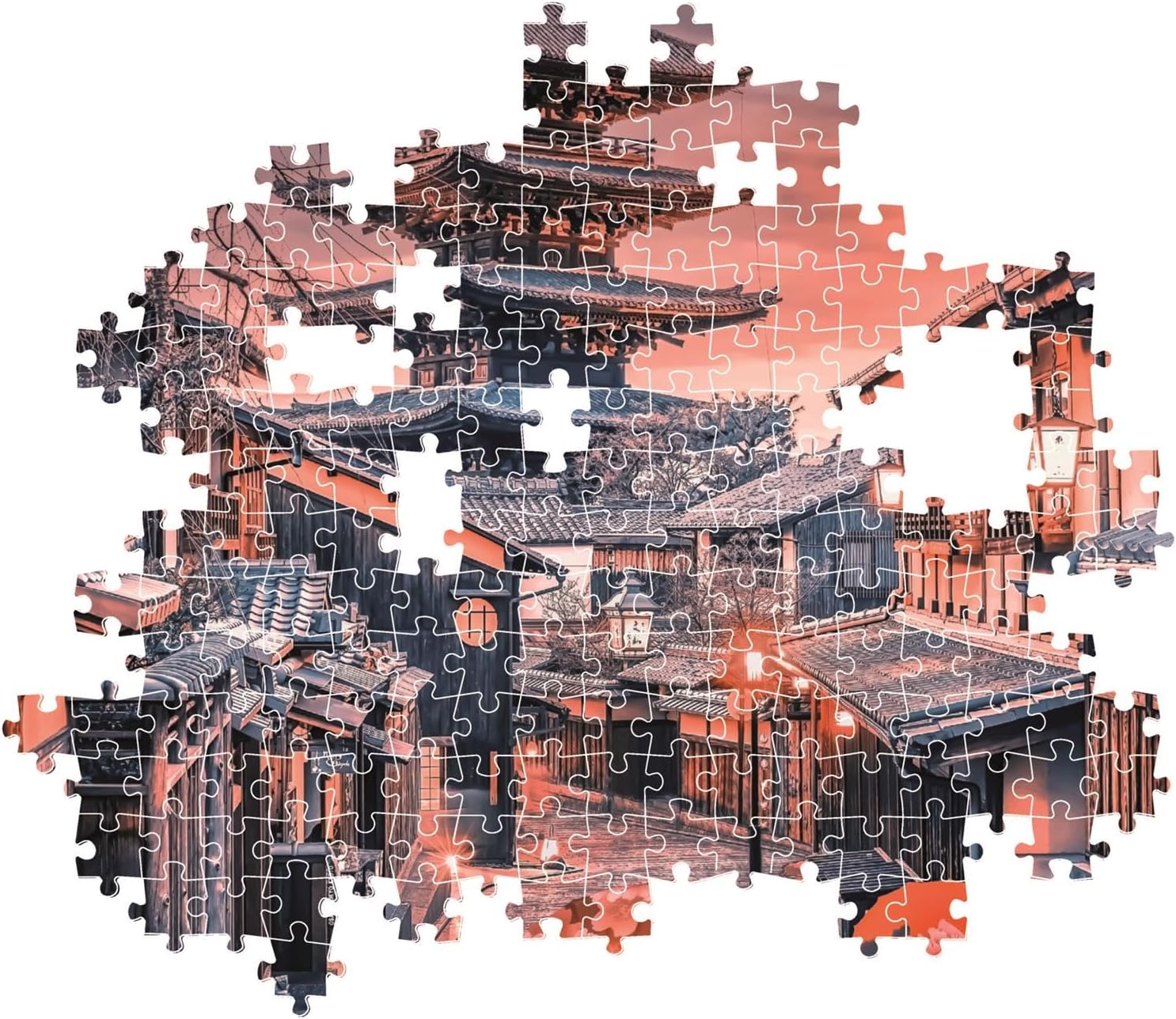 A partially completed jigsaw puzzle depicts a Japanese street scene with a pagoda under a warm, orange sky.