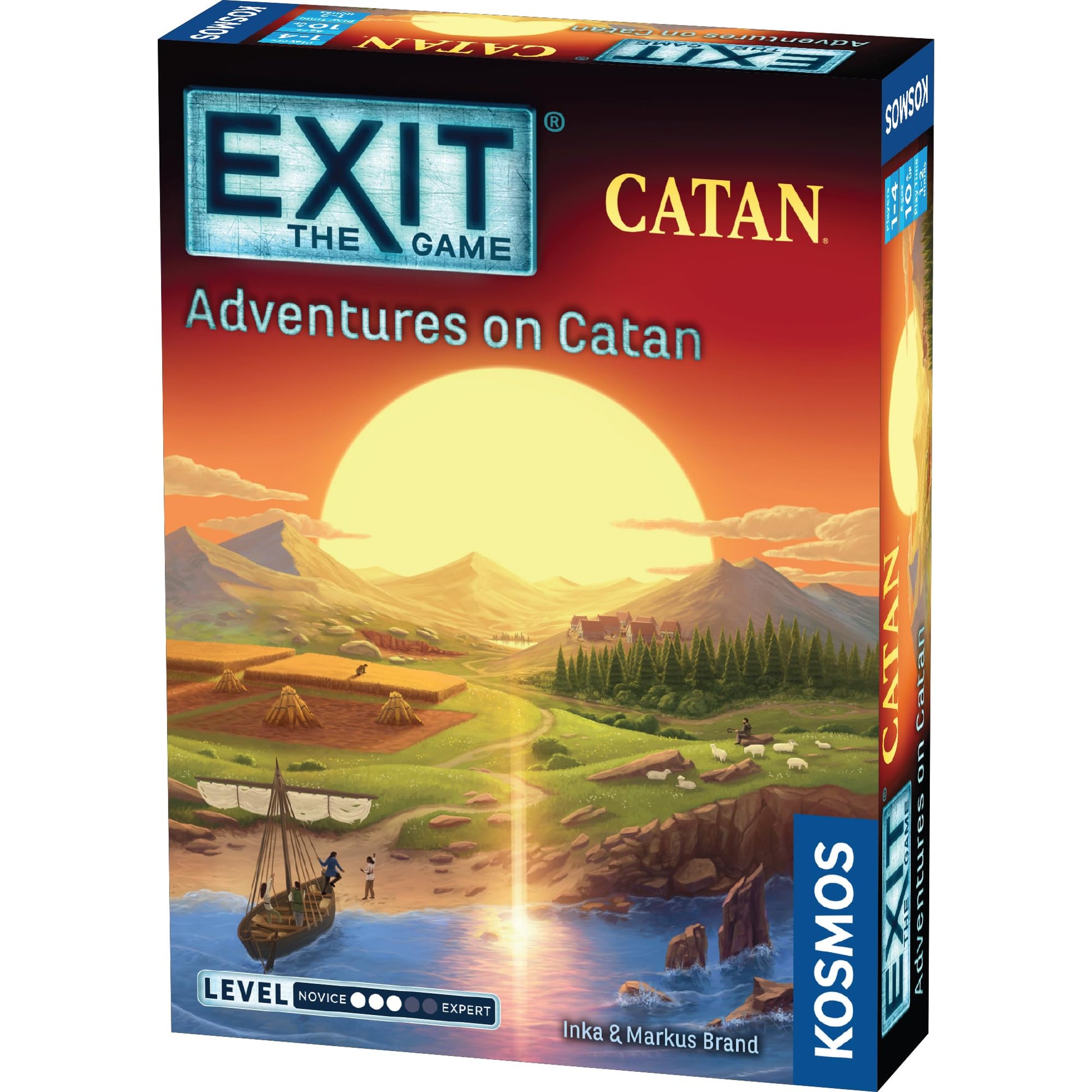 The game box for Exit The Game - Adventures on Catan features a vibrant landscape with a large sun, mountains, fields, a village, and a boat by the shore