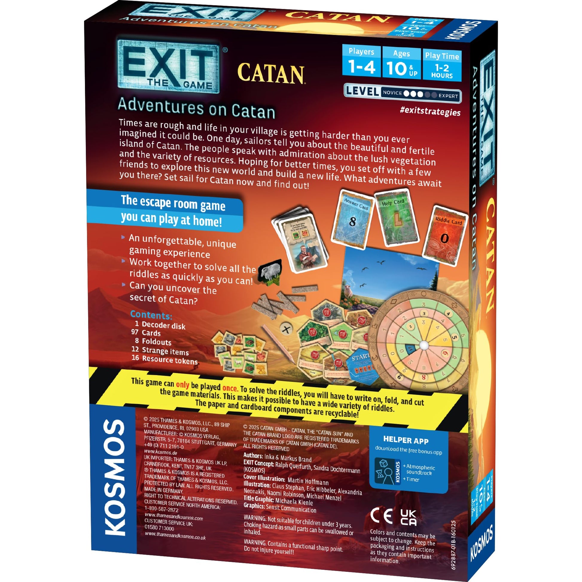 The back of the Exit The Game - Adventures on Catan box displays game cards, hexagonal tiles, a spinner, and tokens against a background of green hills with a sheep and birds