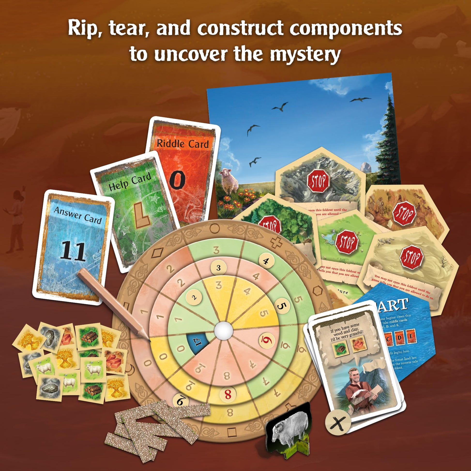 Components from Exit The Game - Adventures on Catan spread out, including riddle, help, and answer cards, a circular game board, resource tokens, terrain tiles, and a sheep standee