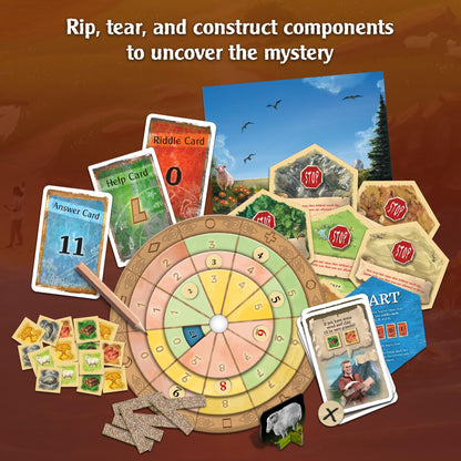 Components from Exit The Game - Adventures on Catan spread out, including riddle, help, and answer cards, a circular game board, resource tokens, terrain tiles, and a sheep standee