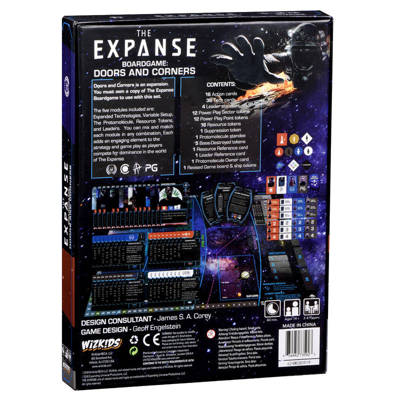 Back of "The Expanse: Doors and Corners" board game expansion box, featuring an astronaut and explosion in space