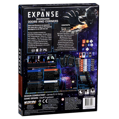 Back of "The Expanse: Doors and Corners" board game expansion box, featuring an astronaut and explosion in space
