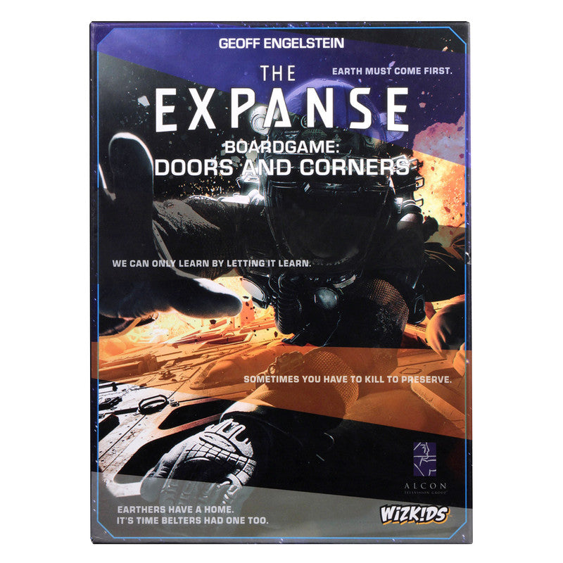 The Expanse: Doors and Corners board game box, featuring a helmeted figure in a space suit amidst a fiery, action scene