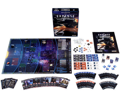 The Expanse Boardgame: Doors and Corners expansion components laid out: box, space map, cards, and tokens