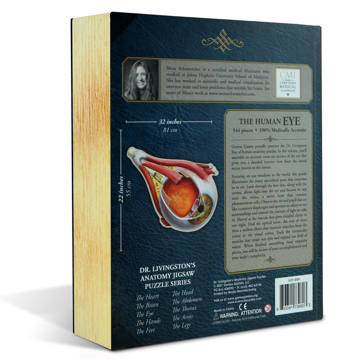 Side of a &quot;Human Eye&quot; anatomy jigsaw puzzle box, showing a detailed cross-section of an eye, dimensions, and text