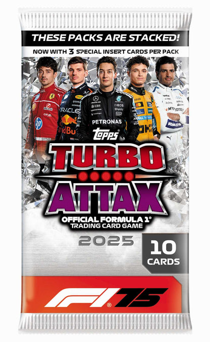 Topps Turbo Attax 2025 F1 trading card pack with five F1 drivers, States '10 CARDS' and '3 SPECIAL INSERT CARDS PER PACK'