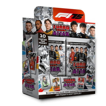 Retail display box for Topps Turbo Attax Formula 1 trading card game, featuring F1 drivers and card packs