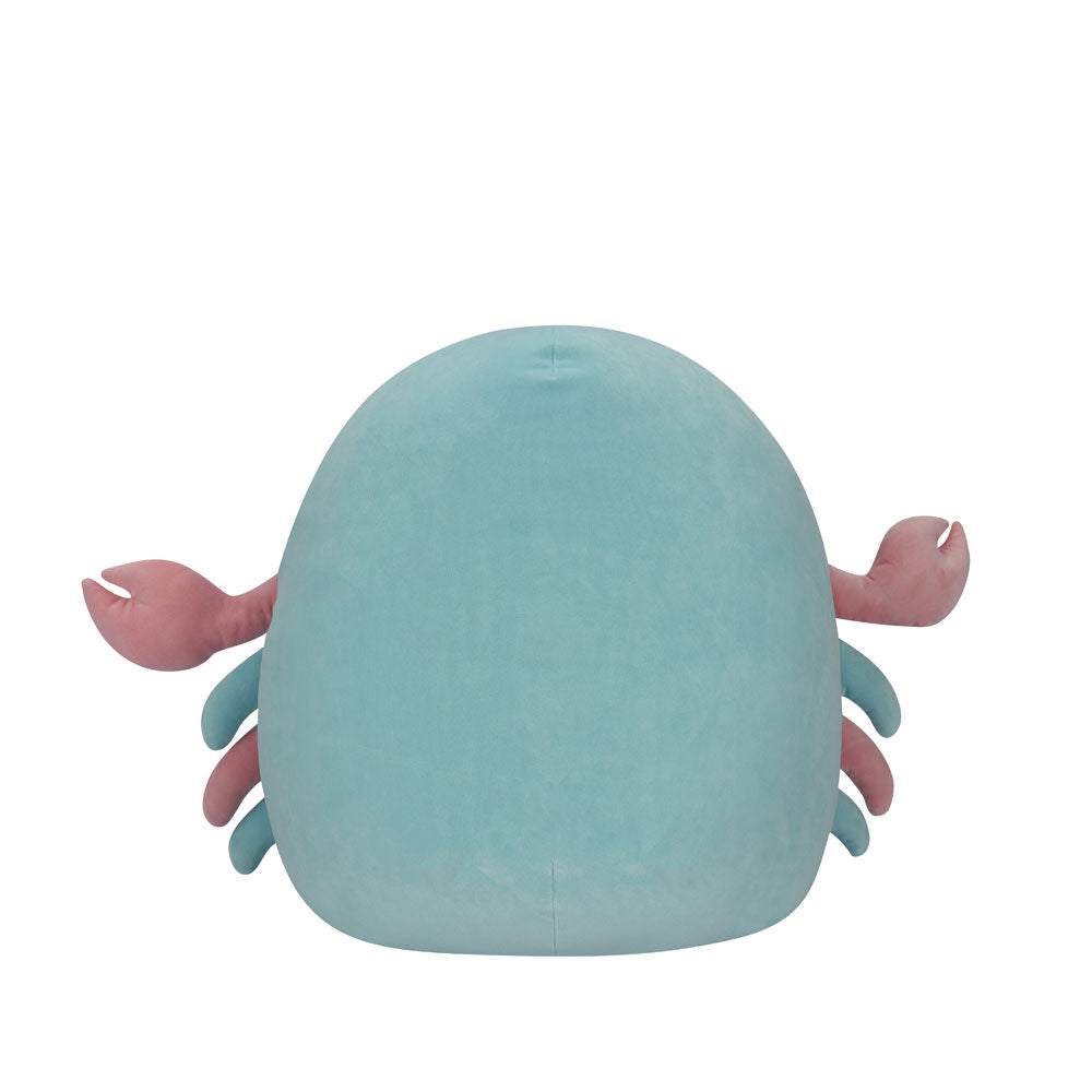 Teal crab plush toy with pink claws and legs, seen from the back on a white background