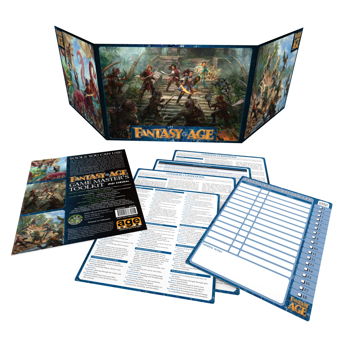 A Fantasy AGE Game Master's Toolkit 2nd Edition set, featuring a GM screen with fantasy art, rulebooks, and a combat tracker