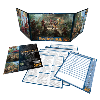 A Fantasy AGE Game Master's Toolkit 2nd Edition set, featuring a GM screen with fantasy art, rulebooks, and a combat tracker