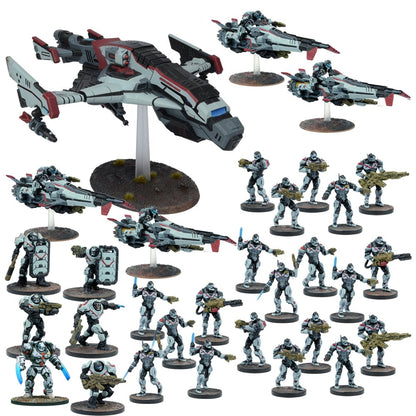 Sci-fi wargame miniatures: A large spaceship, multiple speeder bikes and many armored soldiers.