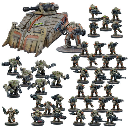 A set of sci-fi wargaming miniatures featuring a tan tank, a mech and many armed infantry in green and orange armor.