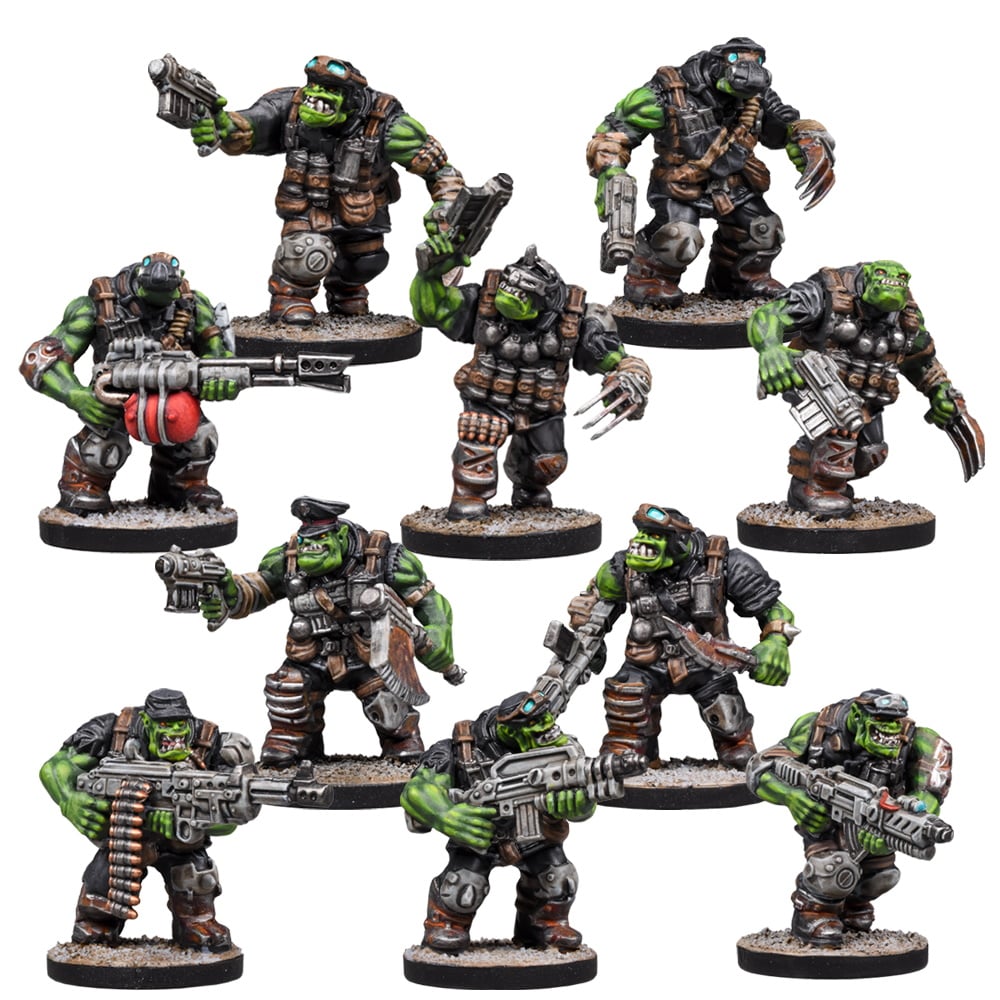 Nine detailed, green-skinned orc wargaming miniatures, heavily armed and armored in various combat poses