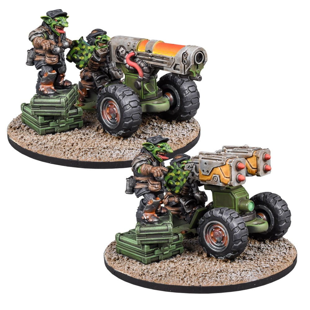 Two green-skinned goblin miniatures. One crews a large cannon, the other a twin rocket launcher