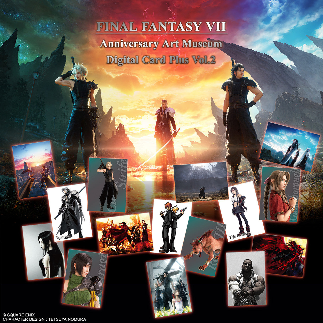 Anniversary Art Museum Digital Card Plus Vol2 showing Cloud Sephiroth and Zack standing in a landscape with multiple character art cards displayed