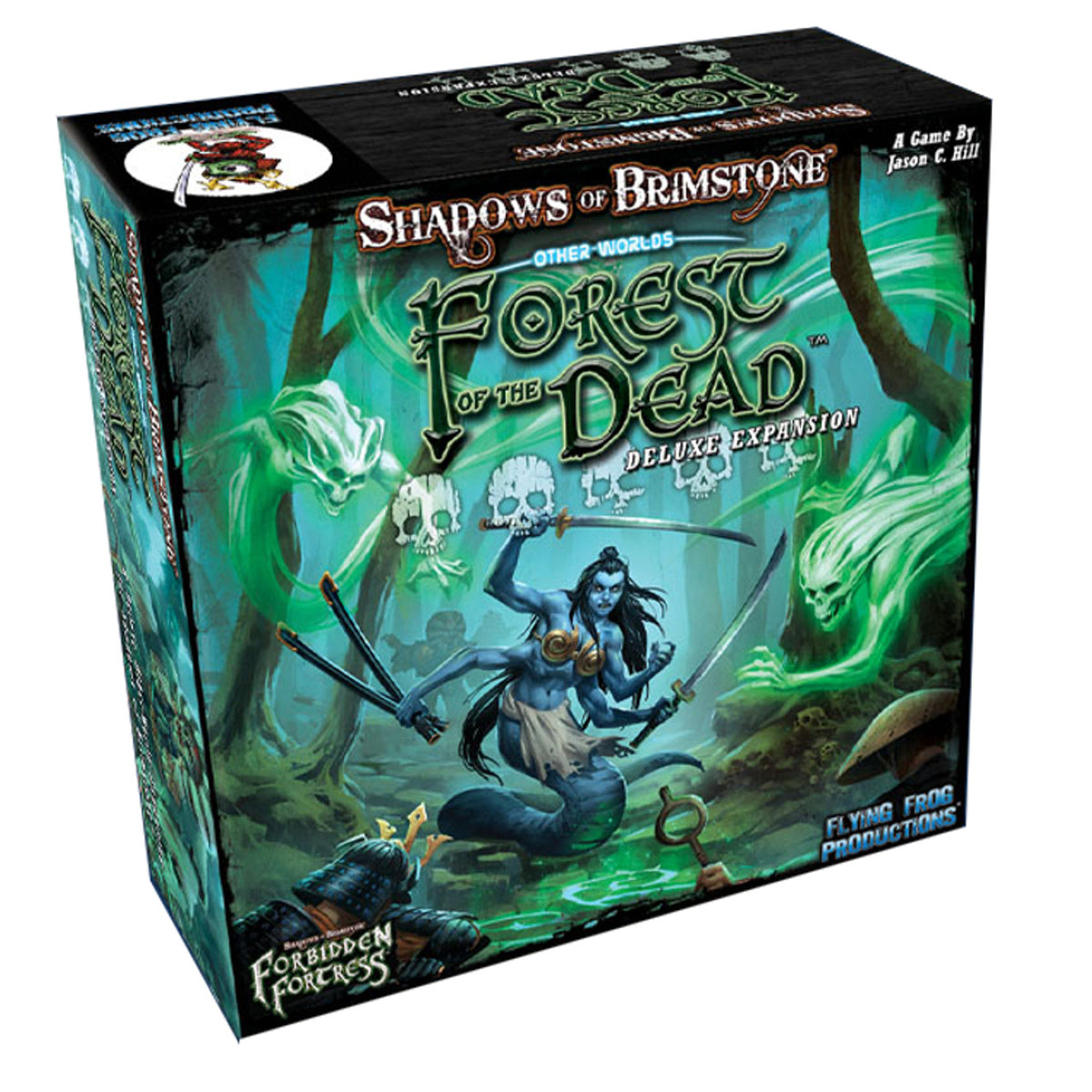 Shadows of Brimstone: Forest of the Dead board game box. A four-armed serpentine warrior battles green spectral entities in a dark forest