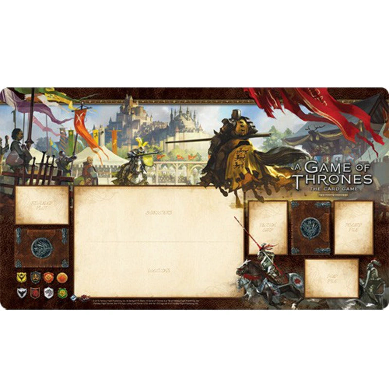 A Game of Thrones card game playmat. Jousting knights charge before a castle; labeled zones for cards below
