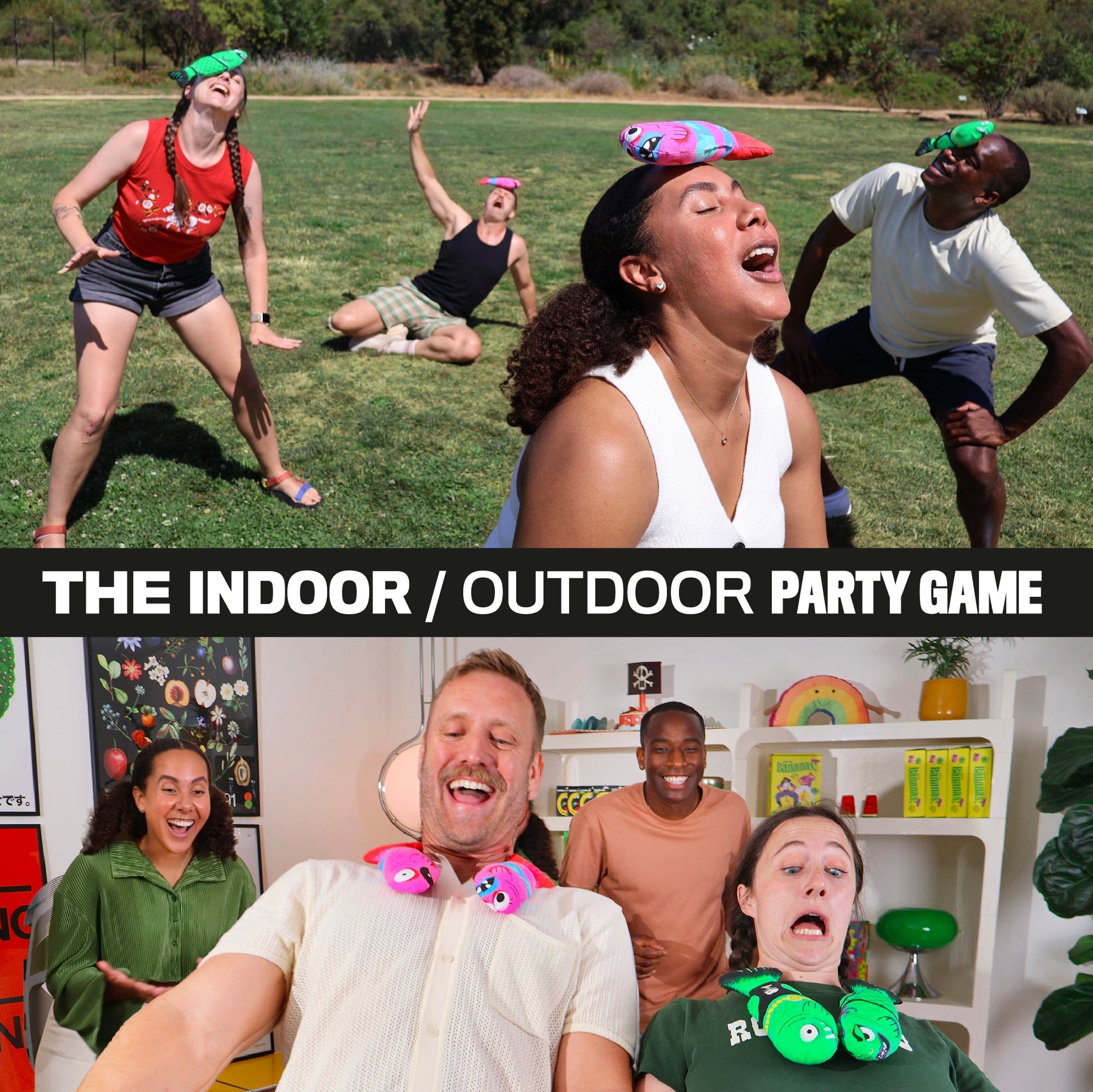 People playing the Fish Fight card game outdoors and indoors balancing vibrant pink and green fish plushies on their heads and necks laughing