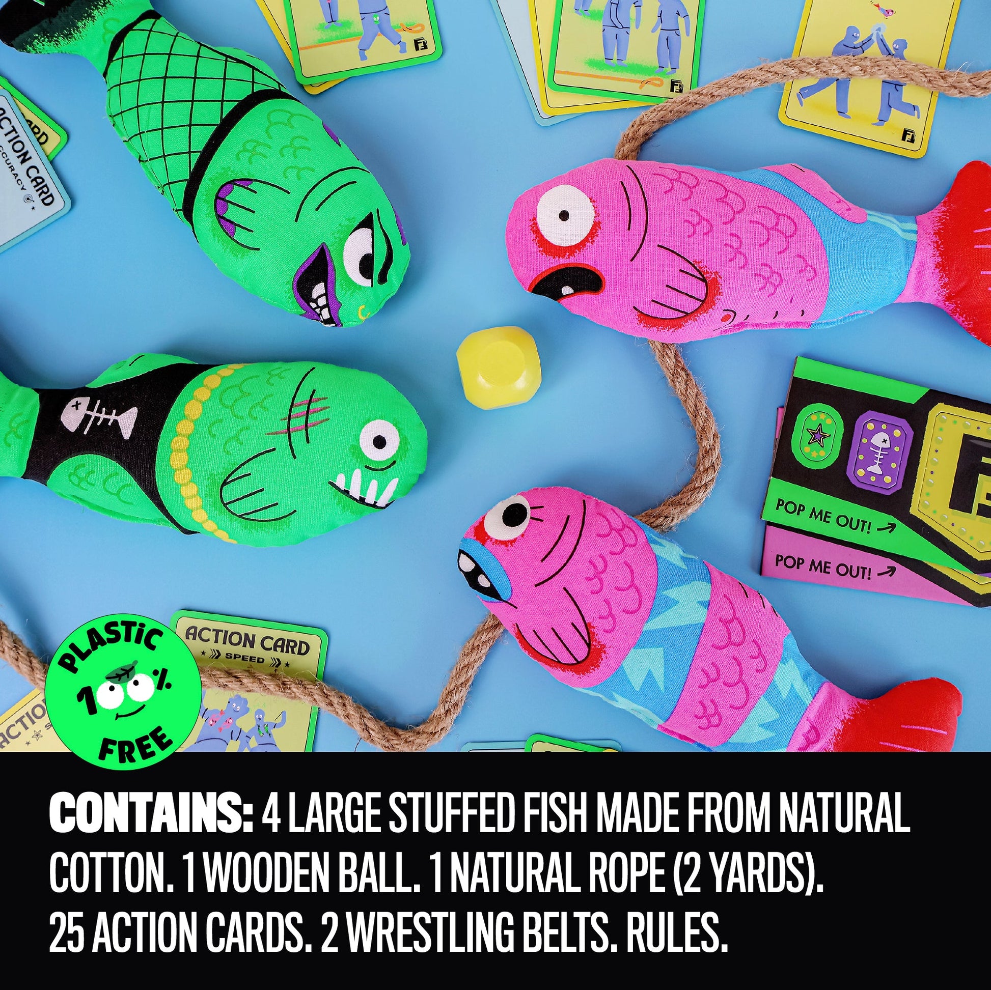 Four colorful stuffed fish for the McMiller Fish Fight game made from natural cotton with a wooden ball rope and action cards