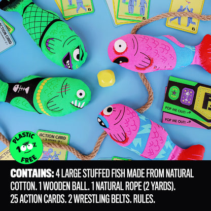 Four colorful stuffed fish for the McMiller Fish Fight game made from natural cotton with a wooden ball rope and action cards